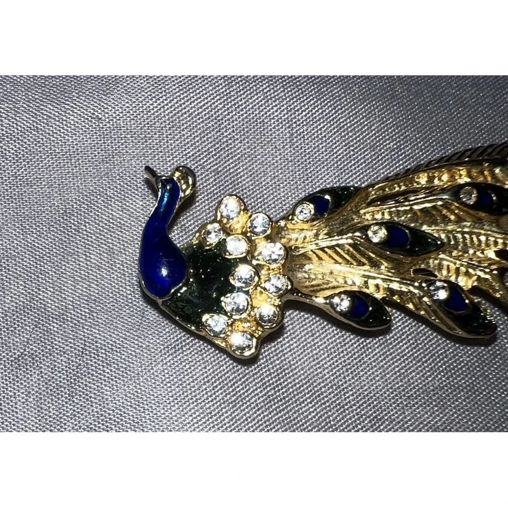 VTG Large‎ Enamel Rhinestone Peacock Brooch Cobolt Blue Green Gold Tone 2.5